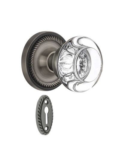 Rope Rosette Mortise-Lock Set with Round Crystal Glass Knobs in Antique Pewter.